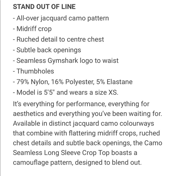 ✨NWT GYMSHARK Camo Seamless Long Sleeve Crop Top✨ - Picture 5 of 6